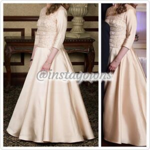 Beautiful Champagne with Beaded Top & full Sweeping Skirt Basix Black Label Gown for Sale