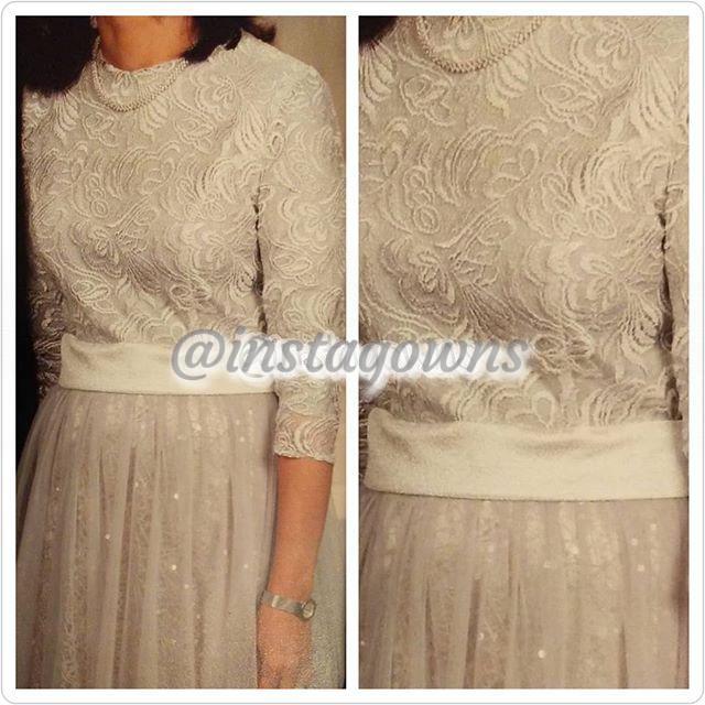 Custom Classy Elegant High Waisted Lace Top & Silver Sequins Bottom with Gray Tulle Overlay Gown for Sale
