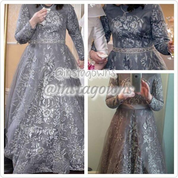 Stunning & Elegant Miri's Custom all seasons Slate Gray with Ornate Beadwork, Organza Overlay & Overskirt Gown for Sale
