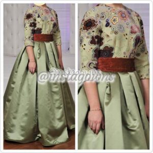 Custom made Stunning Satin Fabric with Velvet Flowers in many colors & full Light Green Satin skirt Gown for Sale