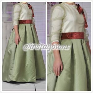 Custom made Ivory Top with Green Tulle sleeves & Green Tulle overlay, Full Satin skirt Ivory & Green Gown for Sale