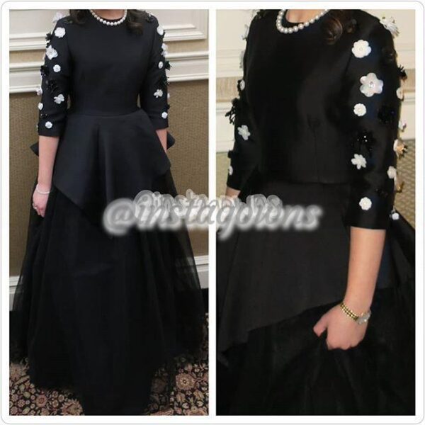 Custom made Black with Stunning Sequin Flowers Sewn on Sleeve Gown for Rent