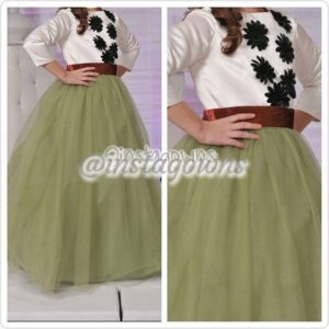 Custom made Satin Ivory Top with Dark Green Flowers stitched on Green Girls Gown for Sale