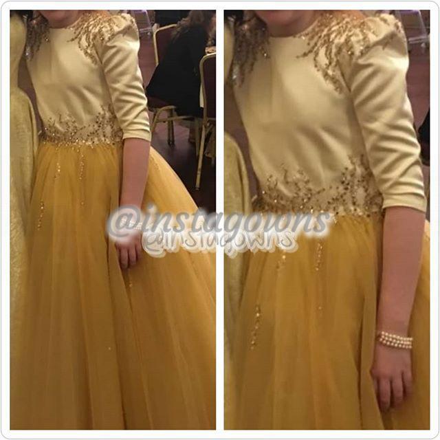 Gorgeous Custom by Powder Couture Cream & Gold Satin & Tulle Beaded Pre-Teen Gown for Sale