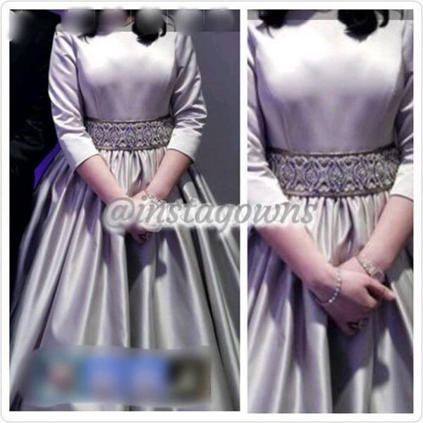 Custom made Taupe Silver Sweetheart Studded Neckline with Gold Sash Gown for Sale