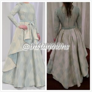 Unique Seafoam Green/Blue beautiful tapestry fabric Custom made with removeable overskirt, designed by Rookie of Sew Elegant Gown for Sale