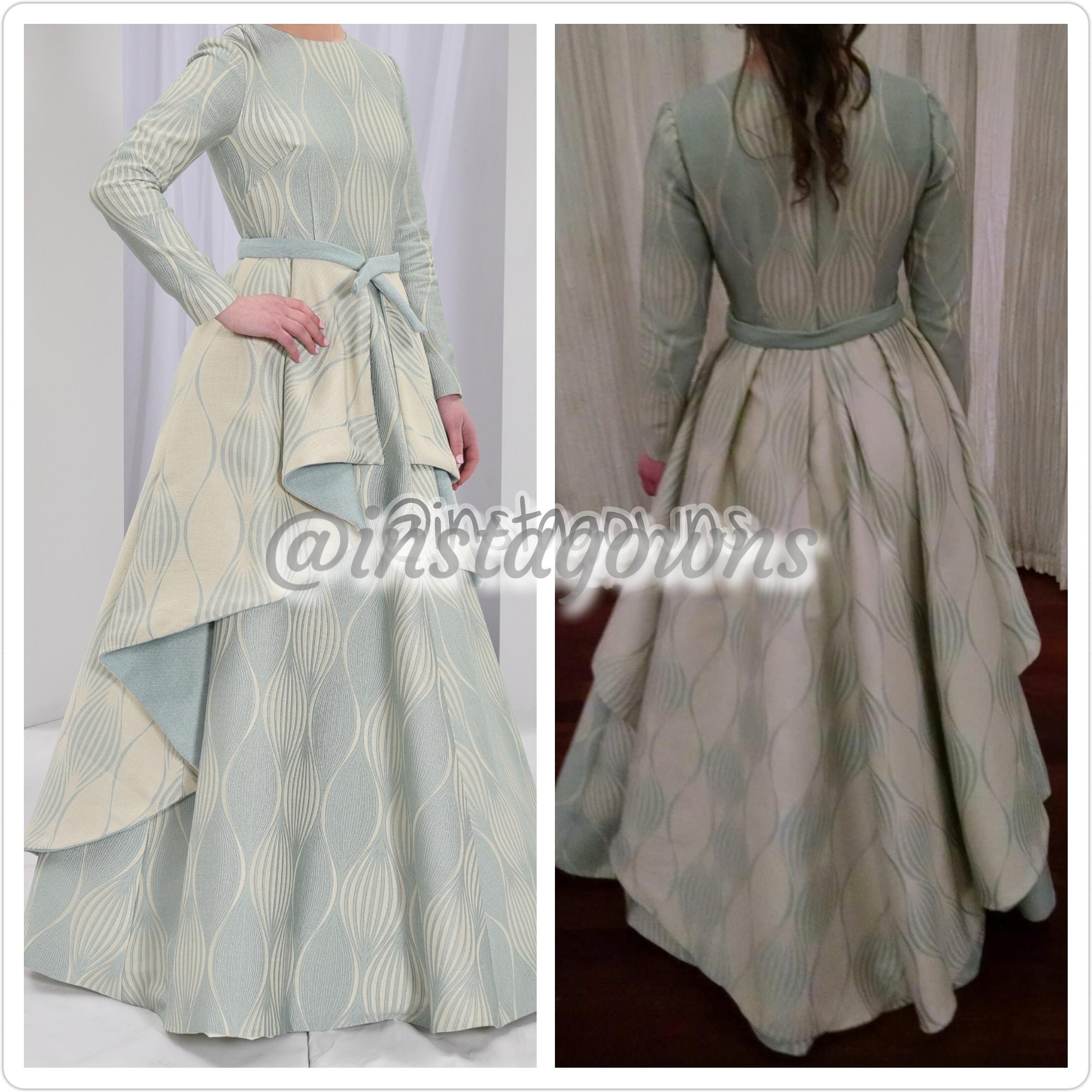 Unique Seafoam Green/Blue beautiful tapestry fabric Custom made with removeable overskirt, designed by Rookie of Sew Elegant Gown for Sale