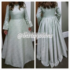 Beautiful Mother of the Bride Seafoam Green/Blue Custom made straight front, unique back, full gown with fitted bodice and pleated bell sleeves, designed by Rookie of Sew Elegant Gown for Sale