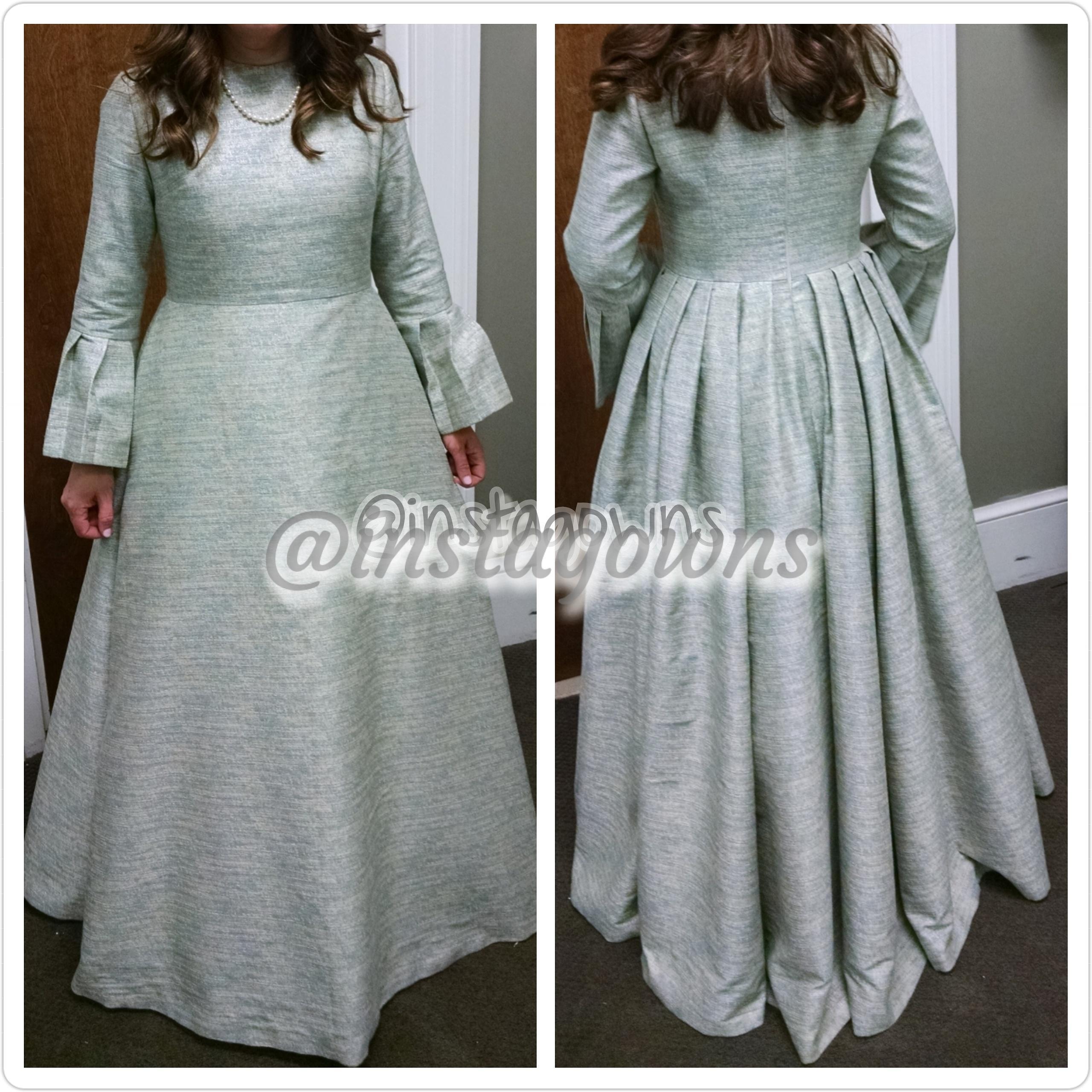Beautiful Mother of the Bride Seafoam Green/Blue Custom made straight front, unique back, full gown with fitted bodice and pleated bell sleeves, designed by Rookie of Sew Elegant Gown for Sale