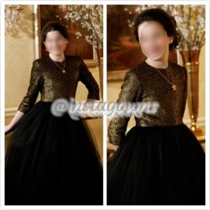 2 Magnificent Custom Black & Gold Girls Tulle bottom, back zipper Gowns for Sale