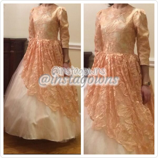 Custom made Off White & Peach Stunning Fabric Top, Tulle Bottom Gown for Sale