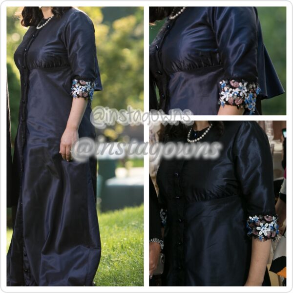 Custom made Blue/Black with Beading on Sleeves, Front Buttons & Back Cape Panel Pre/Post Maternity Gown for Sale