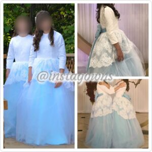 Two Custom made Pale Blue Exquisite lace Top with Tulle Bottom Gowns for Sale