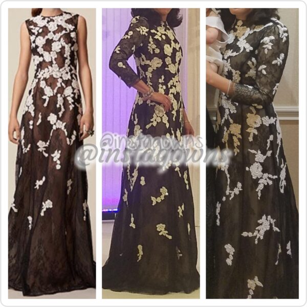 Oscar de la Renta Elegant Couture Black Lace & White Floral Applique Lace Gown for Sale