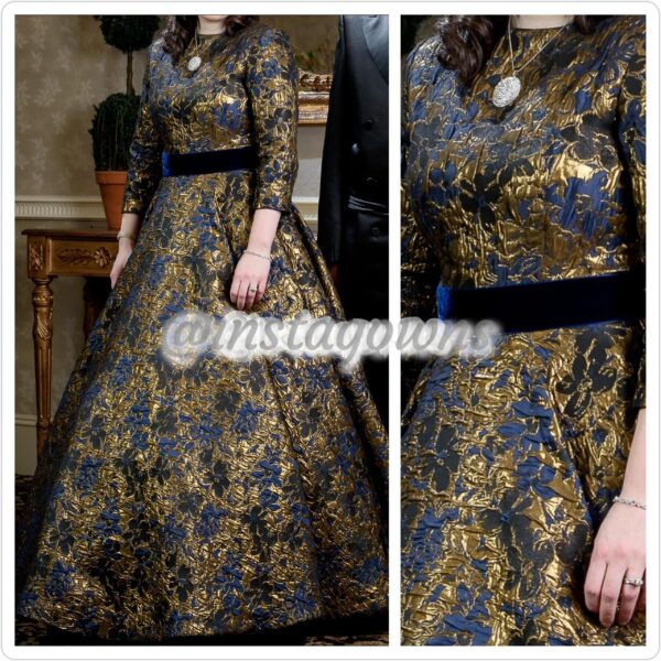 Exquisite Brocade Navy & Gold Gown for Rent