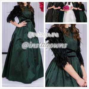 Custom made Hunter Green with Black Accents & Black Feather Accents on Sleeves Gown for Sale