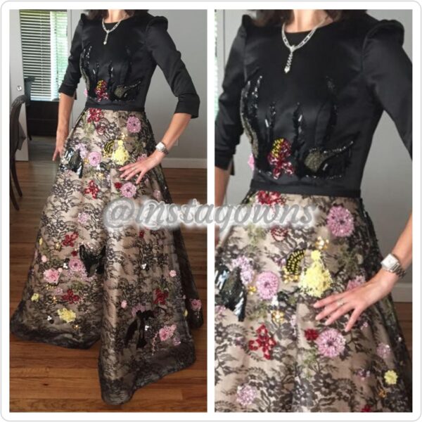 Custom Stunning Black with Beaded Sequin Flowers One of a Kind Gown for Sale