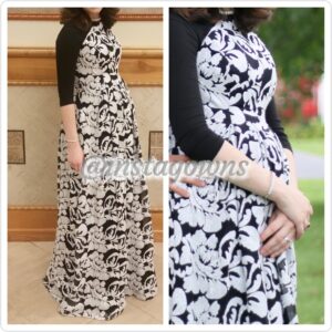 Kay Ungar Sheer Black & Matte Sequins on the White Floral Maternity Gown for Sale