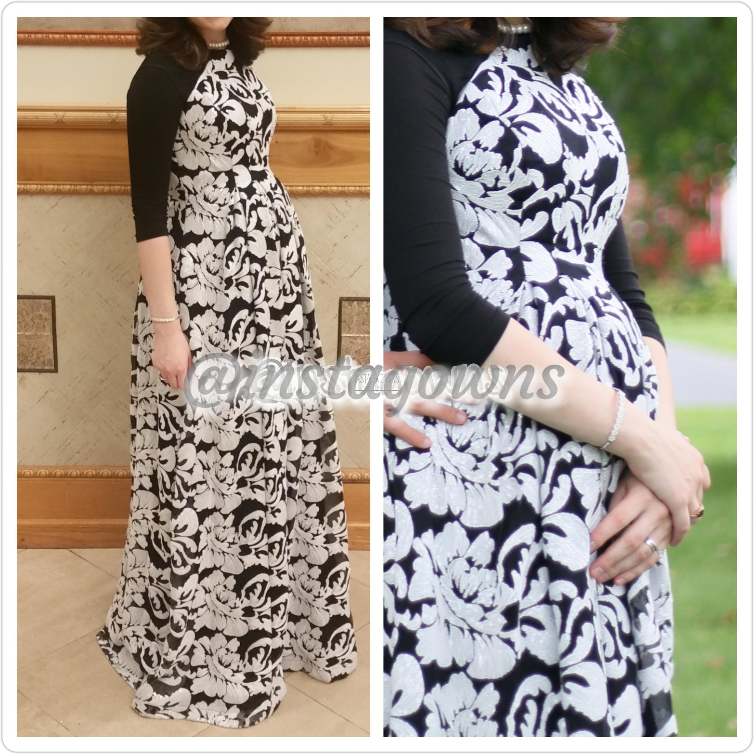 Kay Ungar Sheer Black & Matte Sequins on the White Floral Maternity Gown for Sale