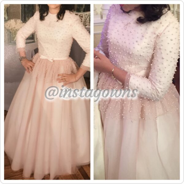 Pessy Miller Soft Pink Tulle with Pearls on Bodice & Peplum Gown for Sale