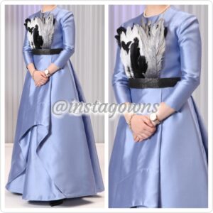 Custom made Cornflower Blue/Light Blue Feather detail with Glitter Belt & Designer Silhouette Mikado Fabric Gorgeous Gown for Sale