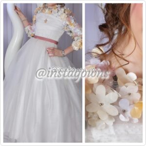 Stunning Custom made by Designer Pleated White fabric with little dots & 3D Colored Flowers Gown for Sale