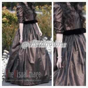 Stunning Bronze with Bottom Tulle Overlay & Black Velvet Front Bow Sash Gown for Sale