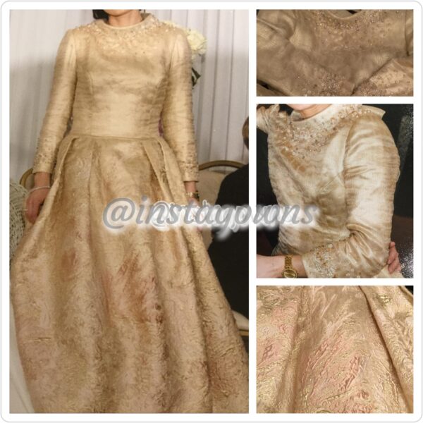 Designer Soft Gold & Blush Brocade Custom Hand Beading with Swarovski Rock Crystals Mother of Bride Gown for Sale