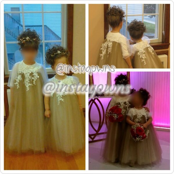 2 Little Harfenes Magnificent Beige/Gold Tulle with White Tulle Top & Sleeves Gowns for Sale