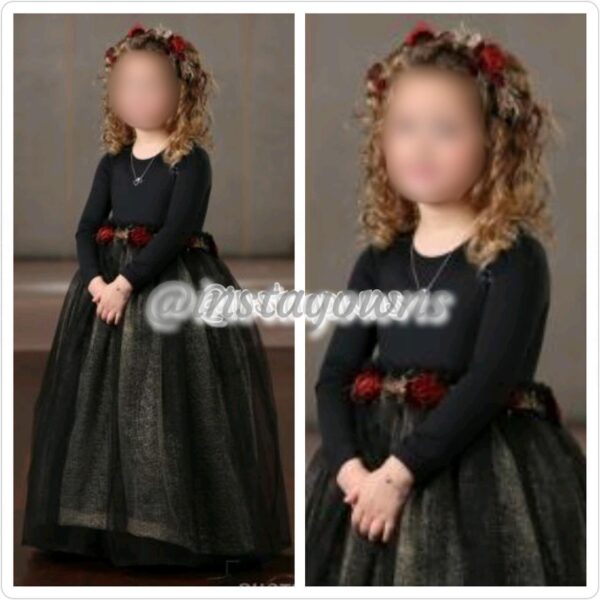 Custom Made Designer Black Top with Tulle Gold Lined Bottom & Red Roses around Waistline Girls Gown for Sale