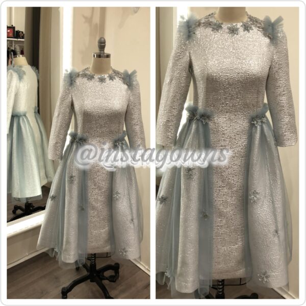 Venchy Couture Custom made Embroidered & Beaded with 3D French Lace Flowers Blue Silver Brocade Dress for Rent or Sale