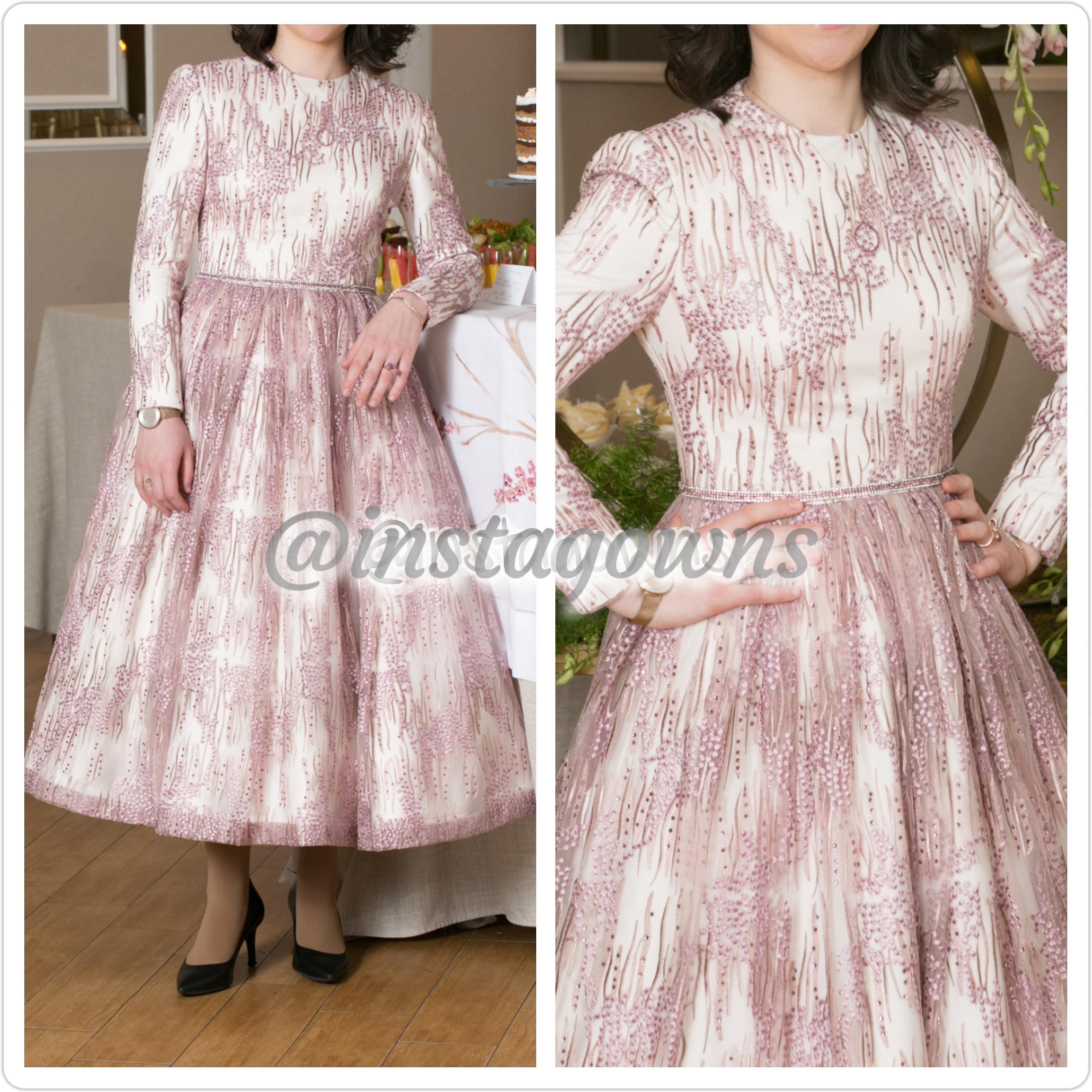 Understated Elegance! Sheer Organza with Pink/Mauve Embroidery/Stones One of a kind Custom Tenoim/Wedding Cocktail Dress for Sale