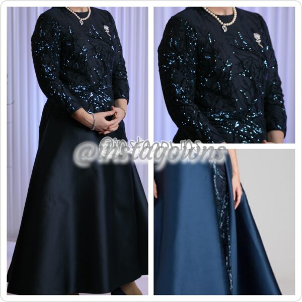 Elegant Blue Satin & Lace Sequined Gown for Sale