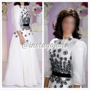Magnificent Custom White & Black Flowers & Beading Gown for Sale