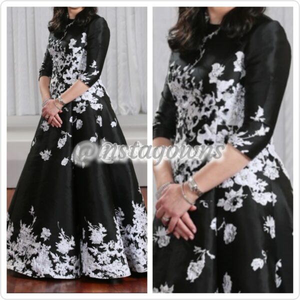 Magnificent Raquel Custom made Black with White Flowers & Beading Gown for Sale