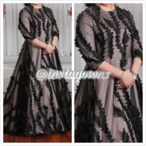 Stunning Raquel Custom Black Tulle with Pink Lining & Leaf Appliques Gown for Sale