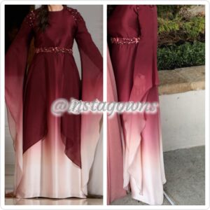 Custom Ombre Maroon/Light Pink Silk Charmuese with Overlay Skirt Gown for Sale