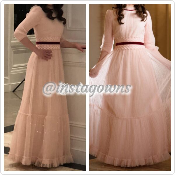 Custom Valentino Light Pink Pleated Tulle Tiered Skirt with Maroon Velvet Trimming Victorian Style Gown for Sale