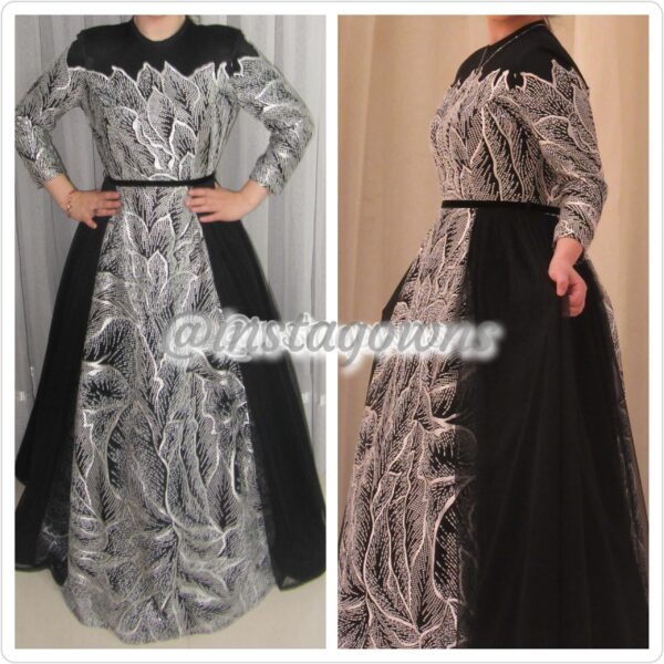 Gorgeous Black & White Brocade with Black Tulle Gown for Sale