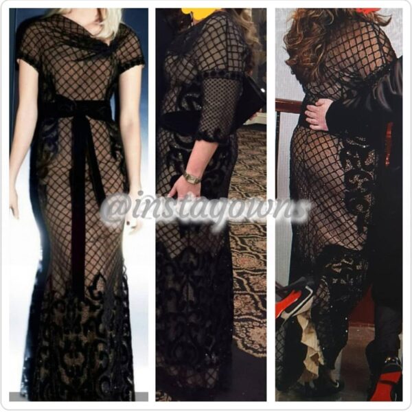 Escada Couture Stunning High End Black Lace Velvet with Beaded Sides & Nude Lining Mother of the Bride Gown for Sale