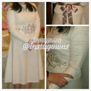 Top horizontally pleaded Cream/Ivory with Champagne sash in the back Dress for Sale