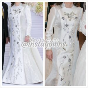 Stunning Expressions Ivory & Silver Year Round Young Mother of the Bride with unusually gorgeous beads & stones down the front & an organza train in the back, a copy of an Oscar de la Renta Gown for Sale