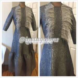 Stunning Exquisite Gray/Silver Alligator Print with Feather Trim Gown for Rent or Sale
