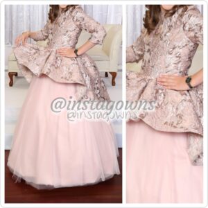 Custom Mauve brocade top with Hi-lo peplum, tulle bottom & Pink gemstone trim in front Sister of Bride Pre-teen Gown for Sale