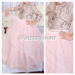 Custom Mauve Brocade Bodice with Pink Tulle Skirt, Hi-lo peplum to the side, Velvet & Rhinestone belt, Sister of Bride Little Girl Gown for Sale