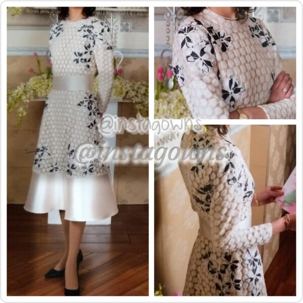 European Imported Custom Laced Fabric Off White, White, & Black flowers Waisted & Full Skirt Dress for Rent or Sale