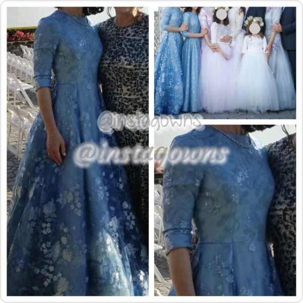 Miri Couture Stunning Sky Blue Lace with subtle beading & Silver threads throughout Gown for Sale