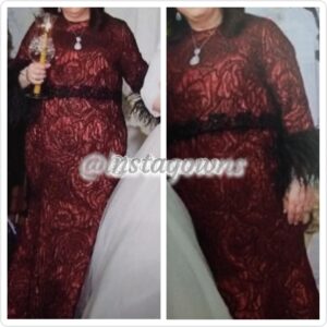 Exquisite Burgundy & Black Brocade with Feathery Trim on Sleeves Gown for Sale