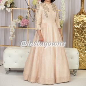 Dassy's Gold & Pink waisted with 3D flowers & Pearl trimmed Gown for Sale
