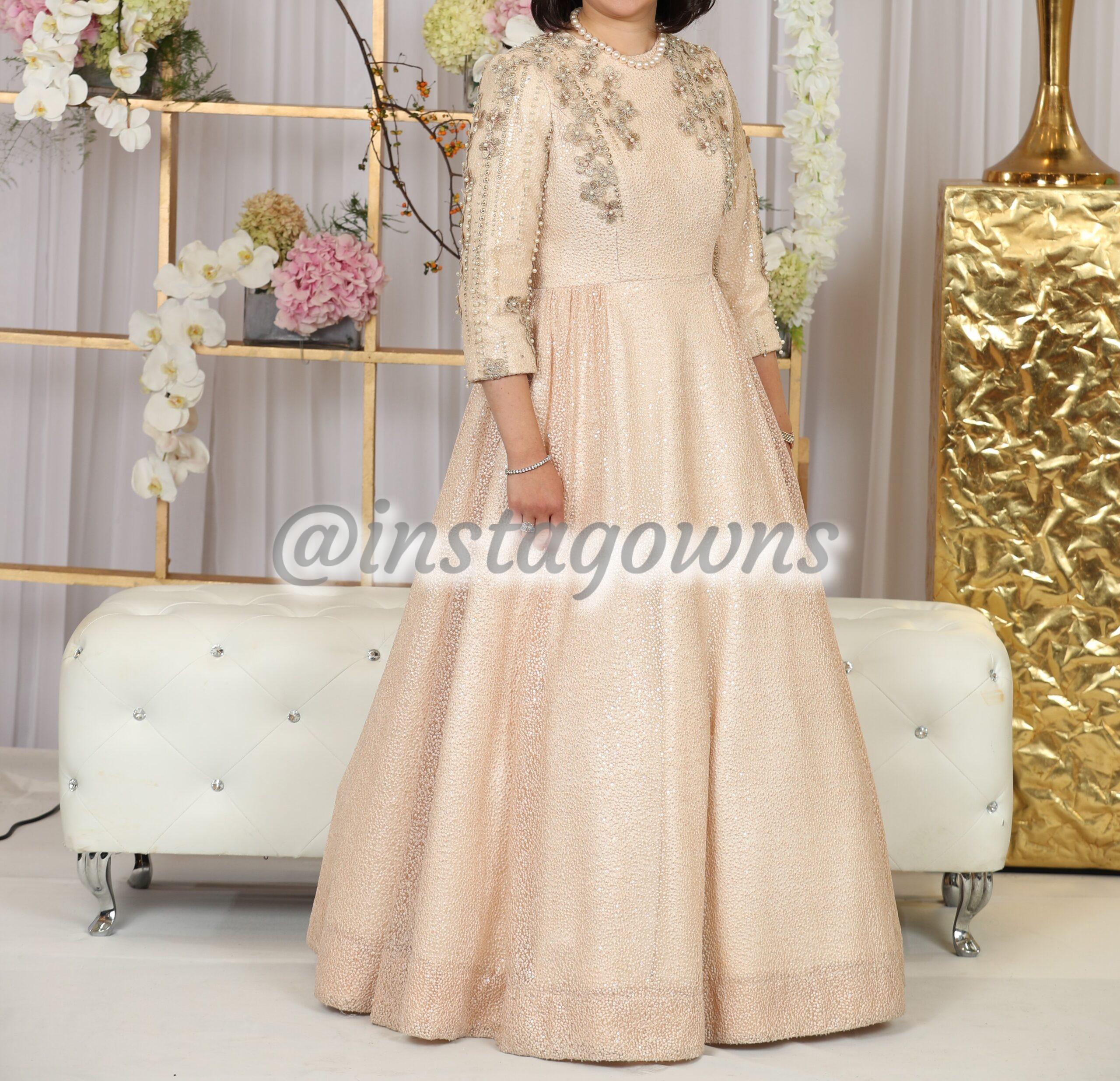 Dassy's Gold & Pink waisted with 3D flowers & Pearl trimmed Gown for Sale
